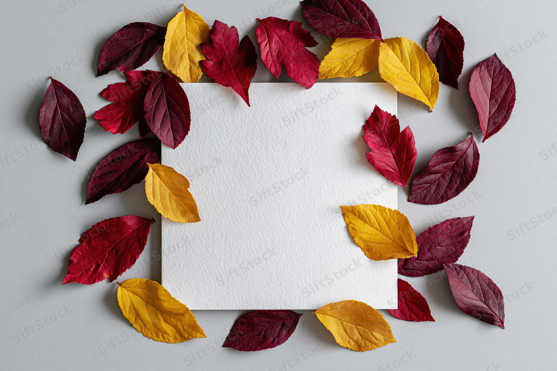 Blank white square card surrounded by autumn leaves arranged in a frame on a light surface