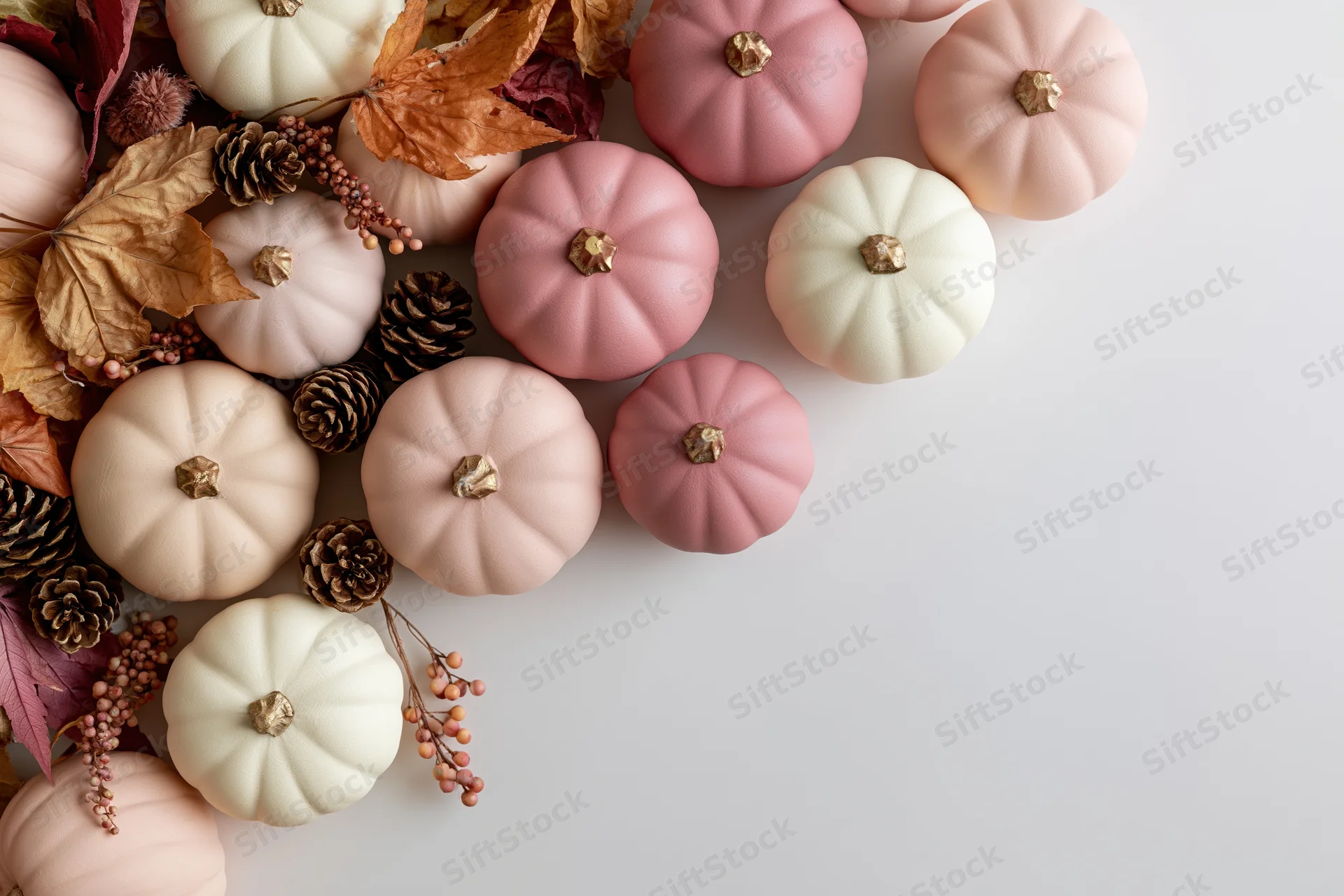 Flat lay of pale pink and white decorative pumpkins arranged with dried leaves and pinecones on a white surface