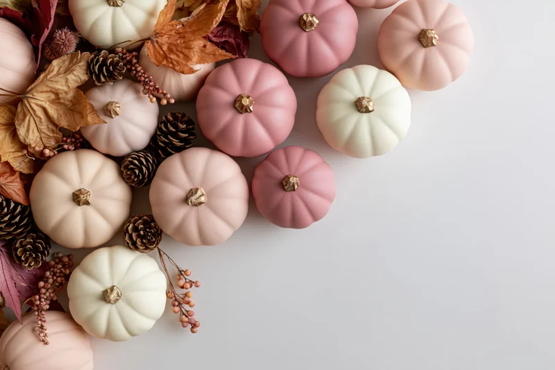 Flat lay of pale pink and white decorative pumpkins arranged with dried leaves and pinecones on a white surface