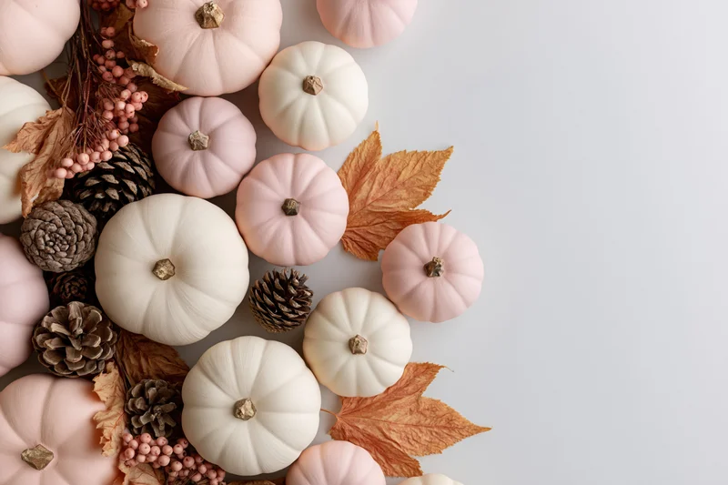 Pale pink and white decorative pumpkins arranged with dried leaves and pinecones on a white surface in a flat lay composition