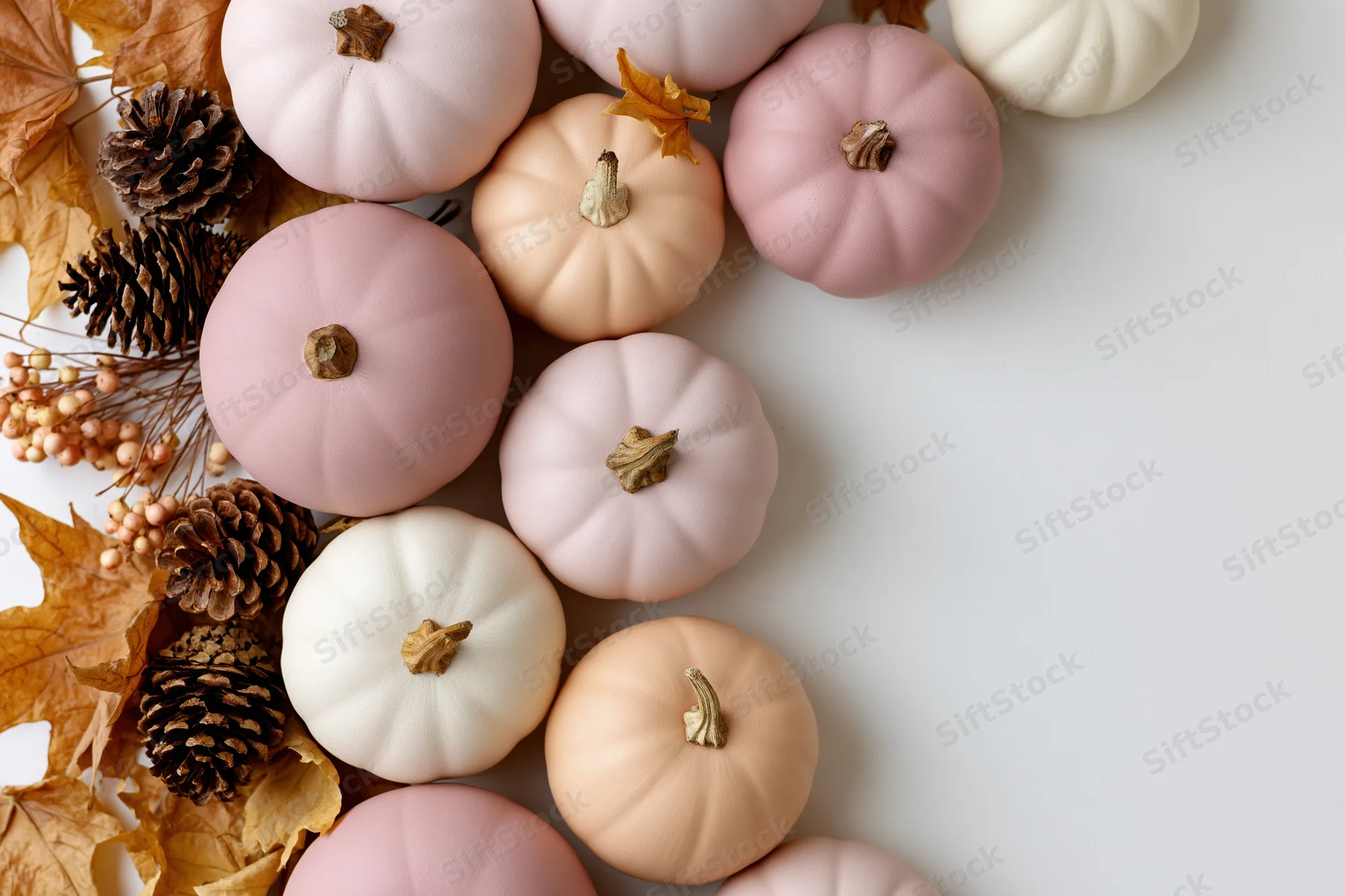 Decorative pumpkins and autumn foliage arranged in flat lay on white surface