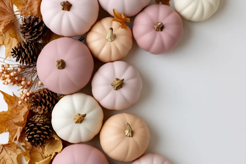 Decorative pumpkins and autumn foliage arranged in flat lay on white surface
