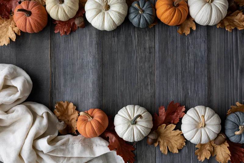 Small decorative pumpkins and dried oak leaves arranged in a border on a dark wooden table with copyspace in the center