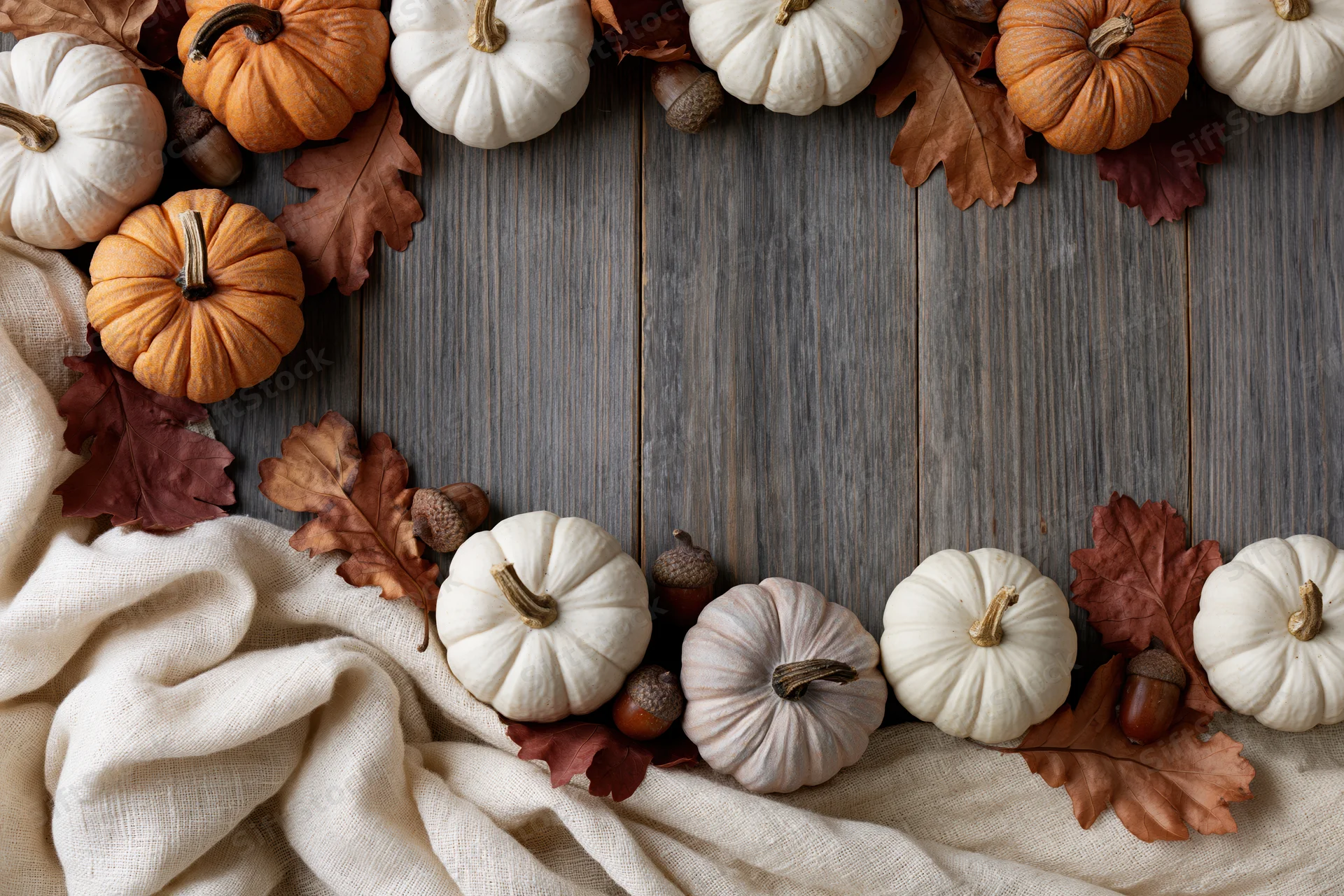 Small decorative pumpkins and dried oak leaves arranged in a border on a wooden table with fabric and acorns
