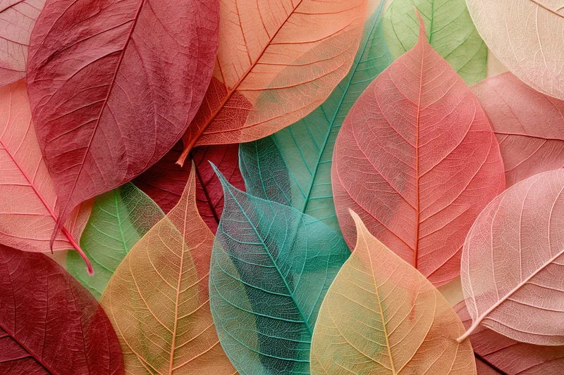 Translucent skeleton leaves with visible vein net arranged in flat lay composition