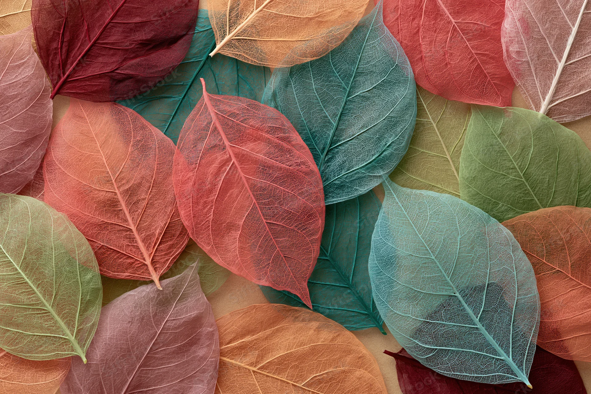 Translucent skeleton leaves with visible vein net arranged in flat lay composition