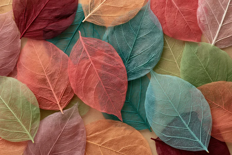Translucent skeleton leaves with visible vein net arranged in flat lay composition