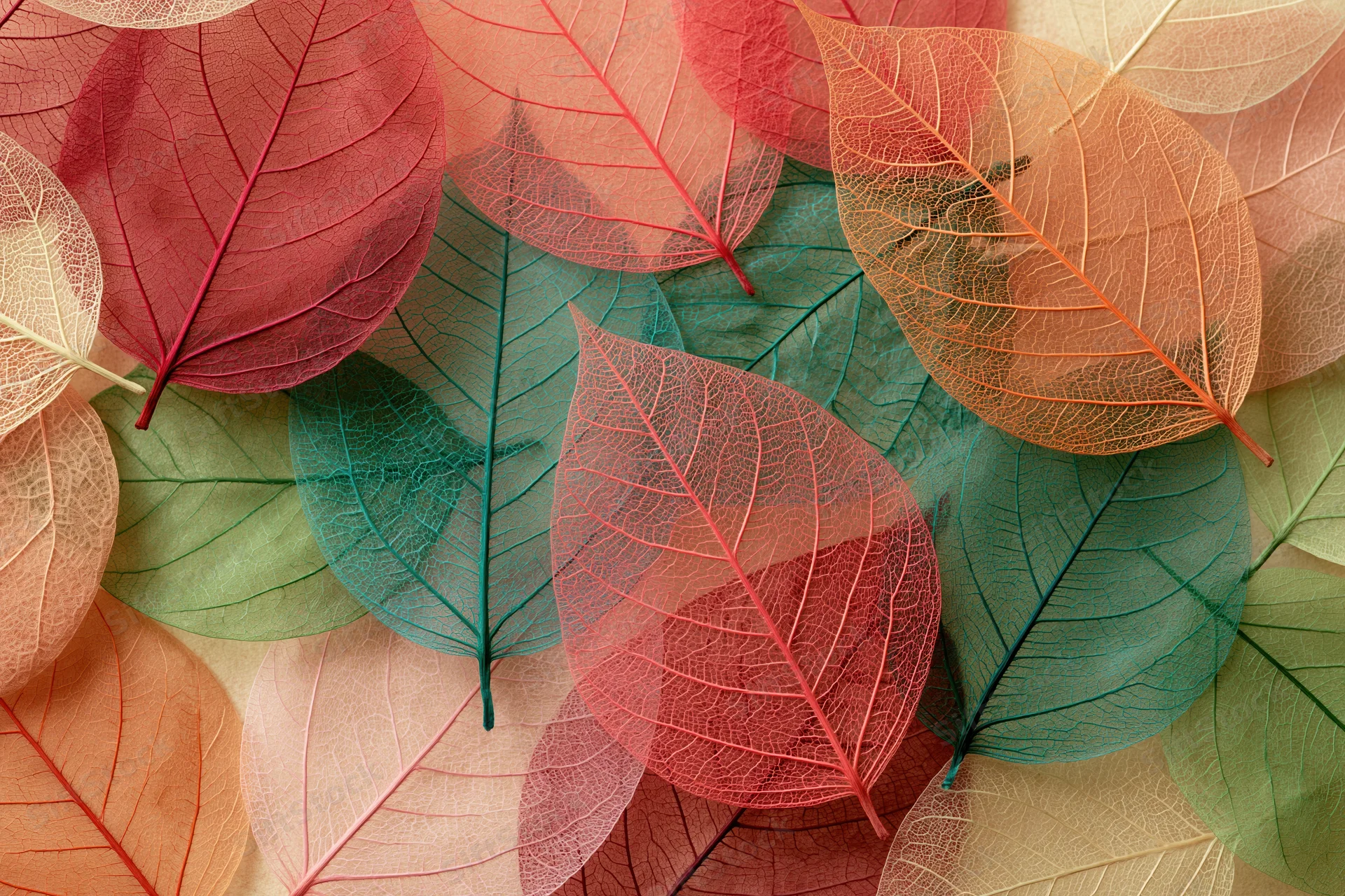 Translucent skeleton leaves arranged in flat lay with visible vein network