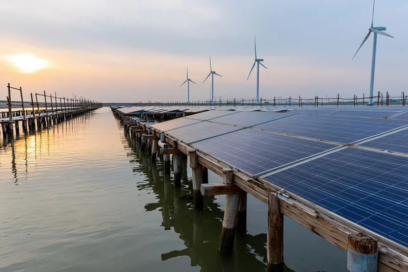 Floating solar panels mounted on wooden stilts over calm water with wind turbines in the distance at sunset