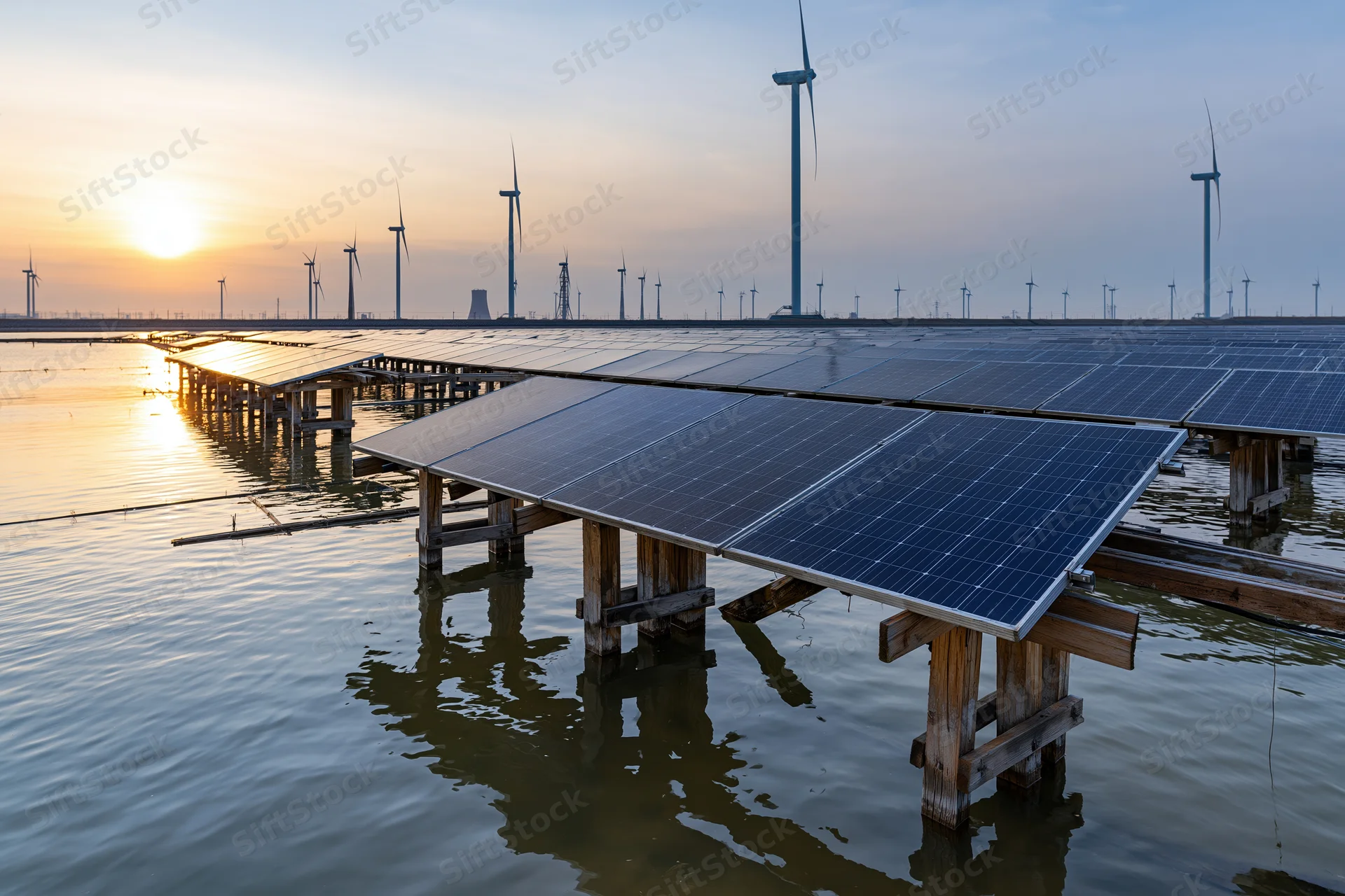 Floating solar panels mounted on wooden stilts over calm water with wind turbines in the distance at sunset