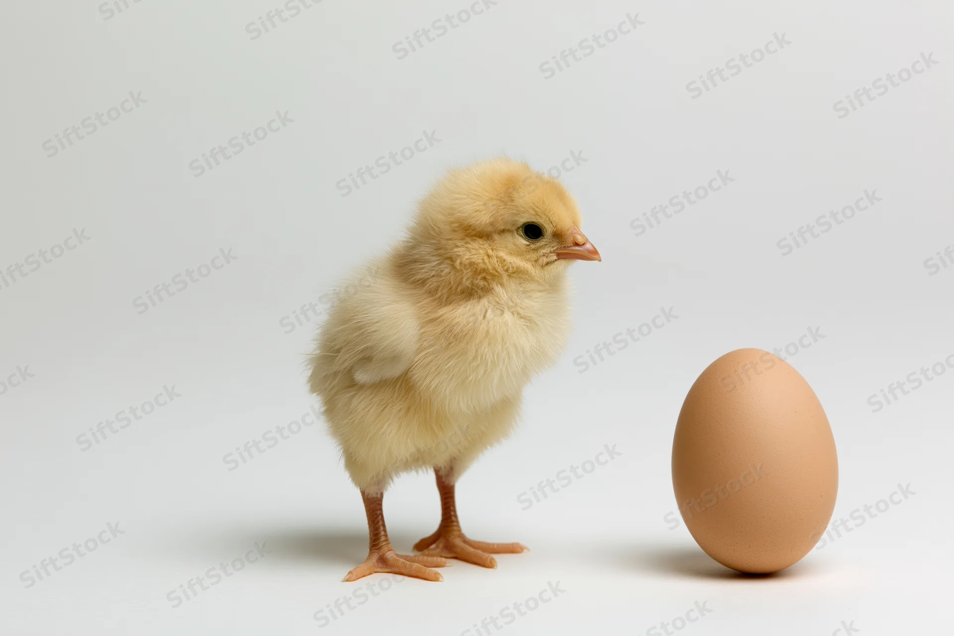 Fluffy yellow newborn chick standing upright next to a single brown egg on white background