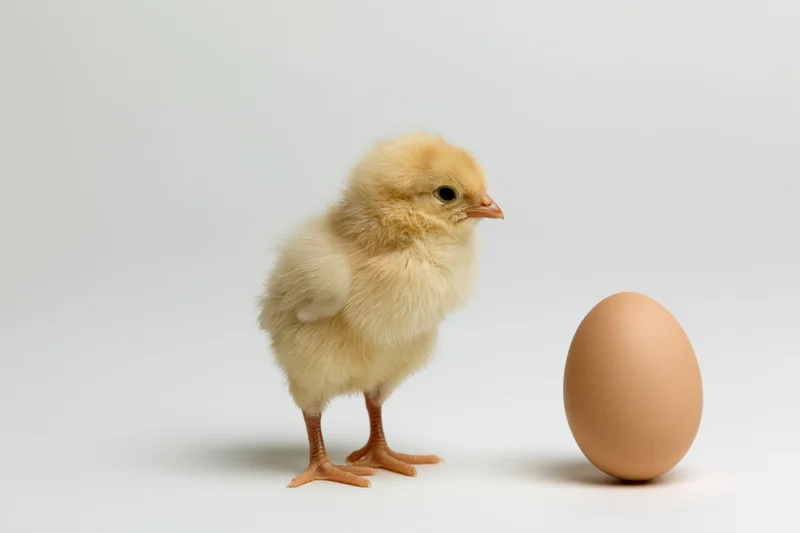 Fluffy yellow newborn chick standing upright next to a single brown egg on white background