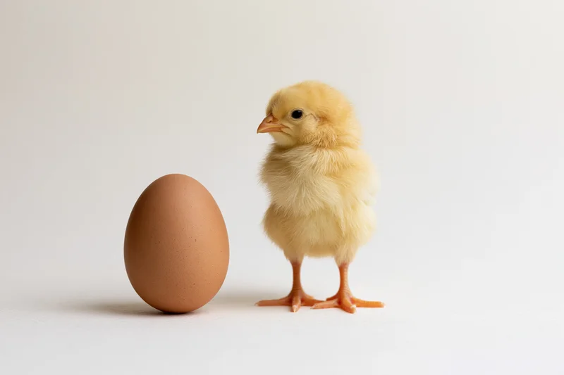 Fluffy yellow newborn chick standing upright next to a single brown egg on white background