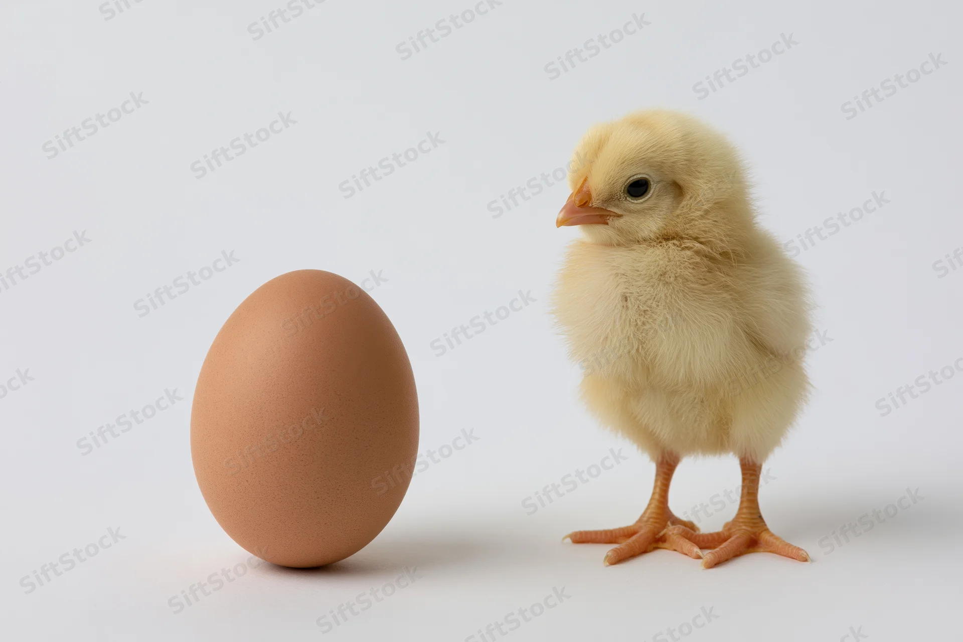 Fluffy yellow newborn chick standing upright next to a single brown egg on white background