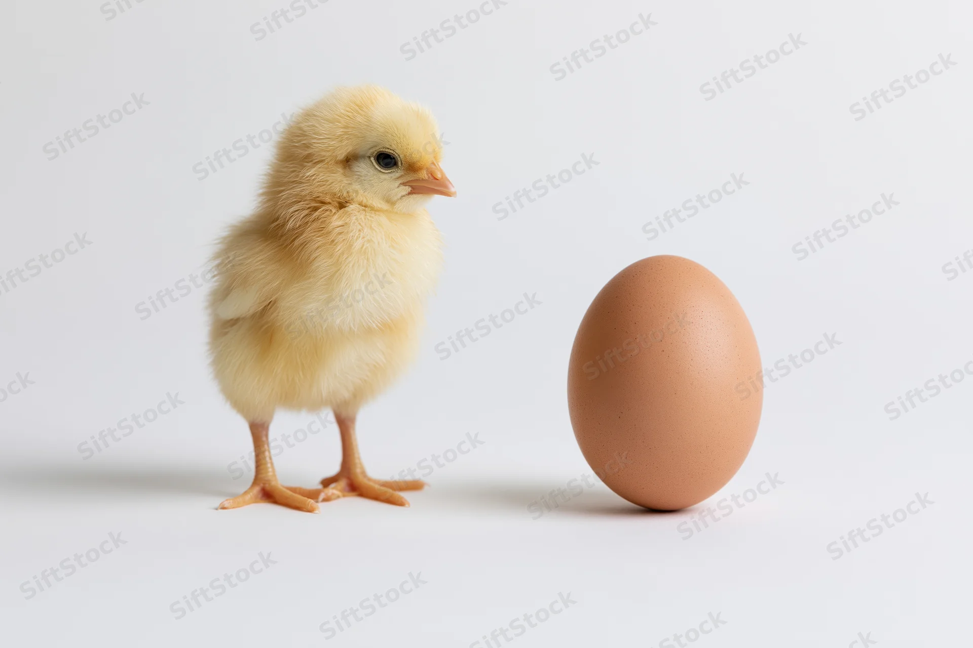 Fluffy yellow newborn chick standing upright next to a single brown egg on white background