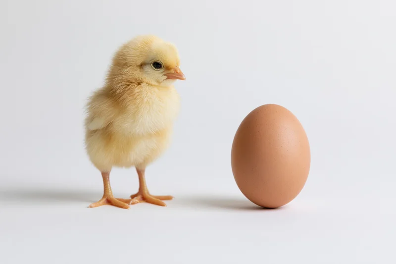 Fluffy yellow newborn chick standing upright next to a single brown egg on white background