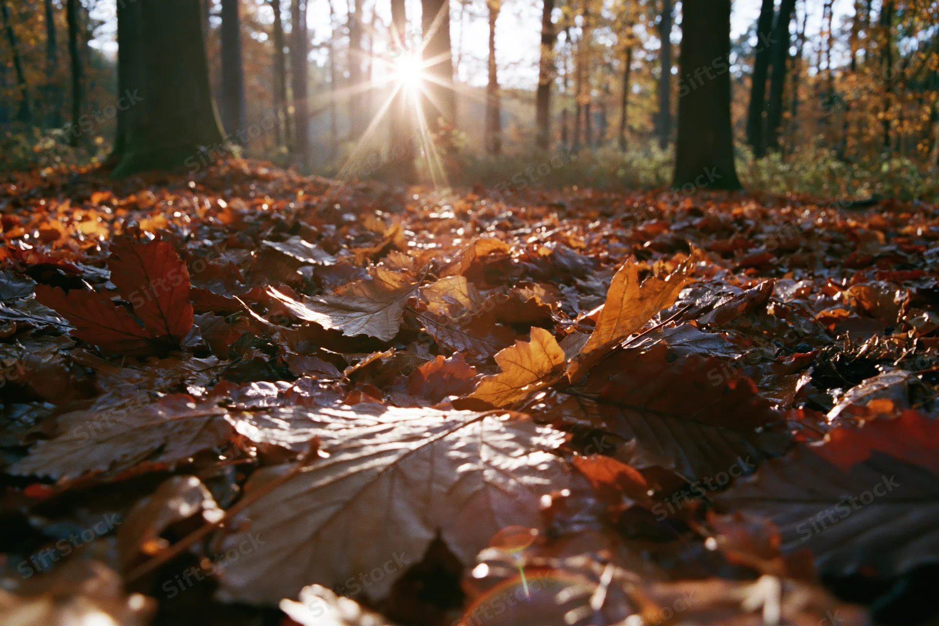 Forest floor covered in fallen autumn leaves with sunlight filtering through trees