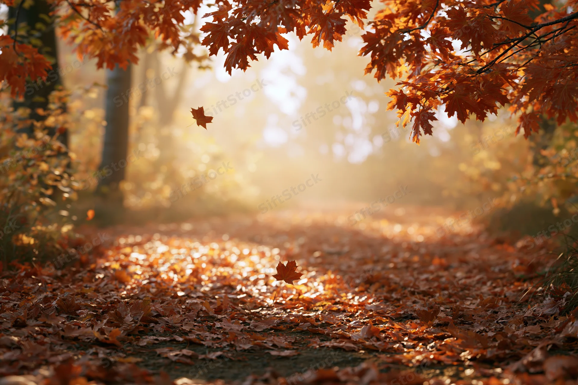 Forest path covered in fallen maple leaves with sunlight filtering through trees