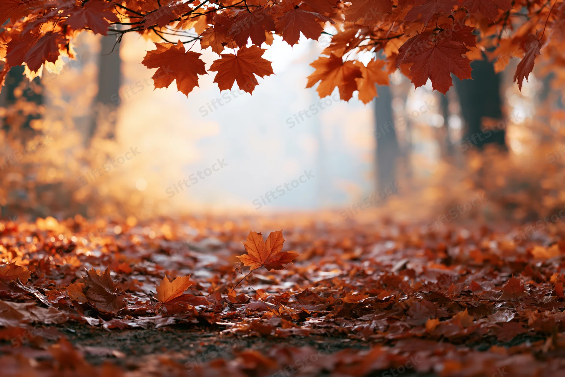 Forest path covered in fallen maple leaves with branches overhead in autumn