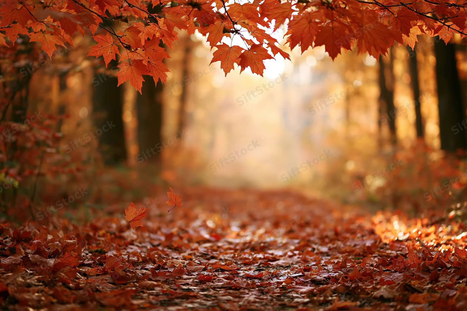Forest path covered in fallen maple leaves under autumn canopy