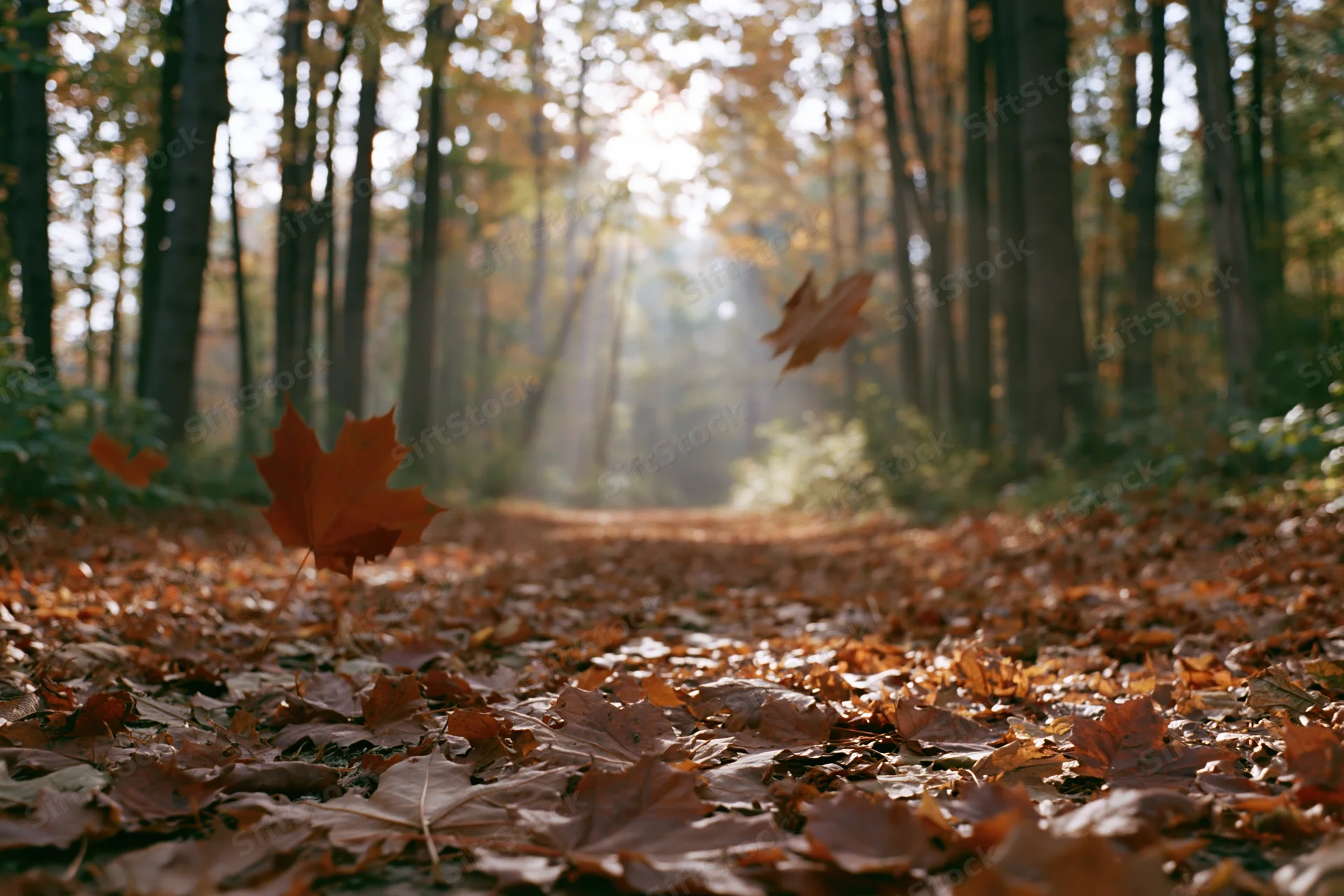 Forest path carpeted in fallen maple leaves with sunlight filtering through trees