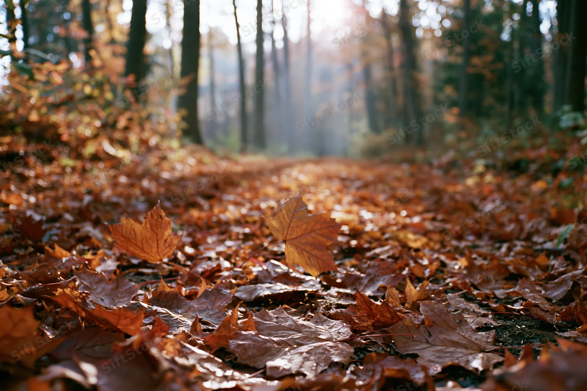 Forest path covered in fallen maple leaves under dappled sunlight