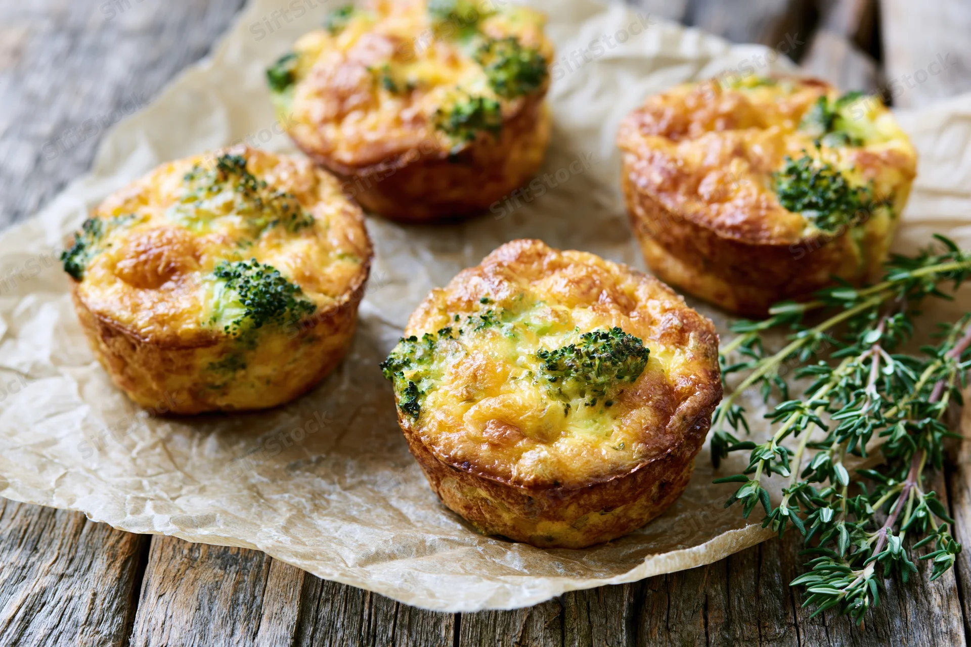 Four broccoli cheddar egg muffins arranged on crinkled parchment paper with fresh thyme on a wooden table