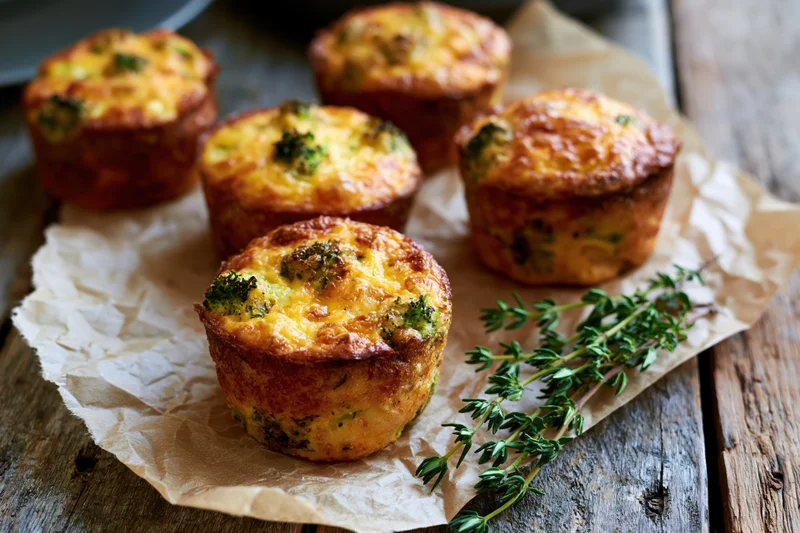 Broccoli cheddar egg muffins arranged on crinkled parchment paper on a wooden surface with fresh thyme sprig