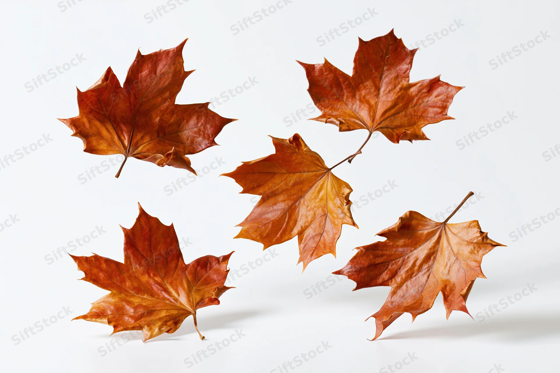 Dried maple leaves arranged in a grid layout on a white background