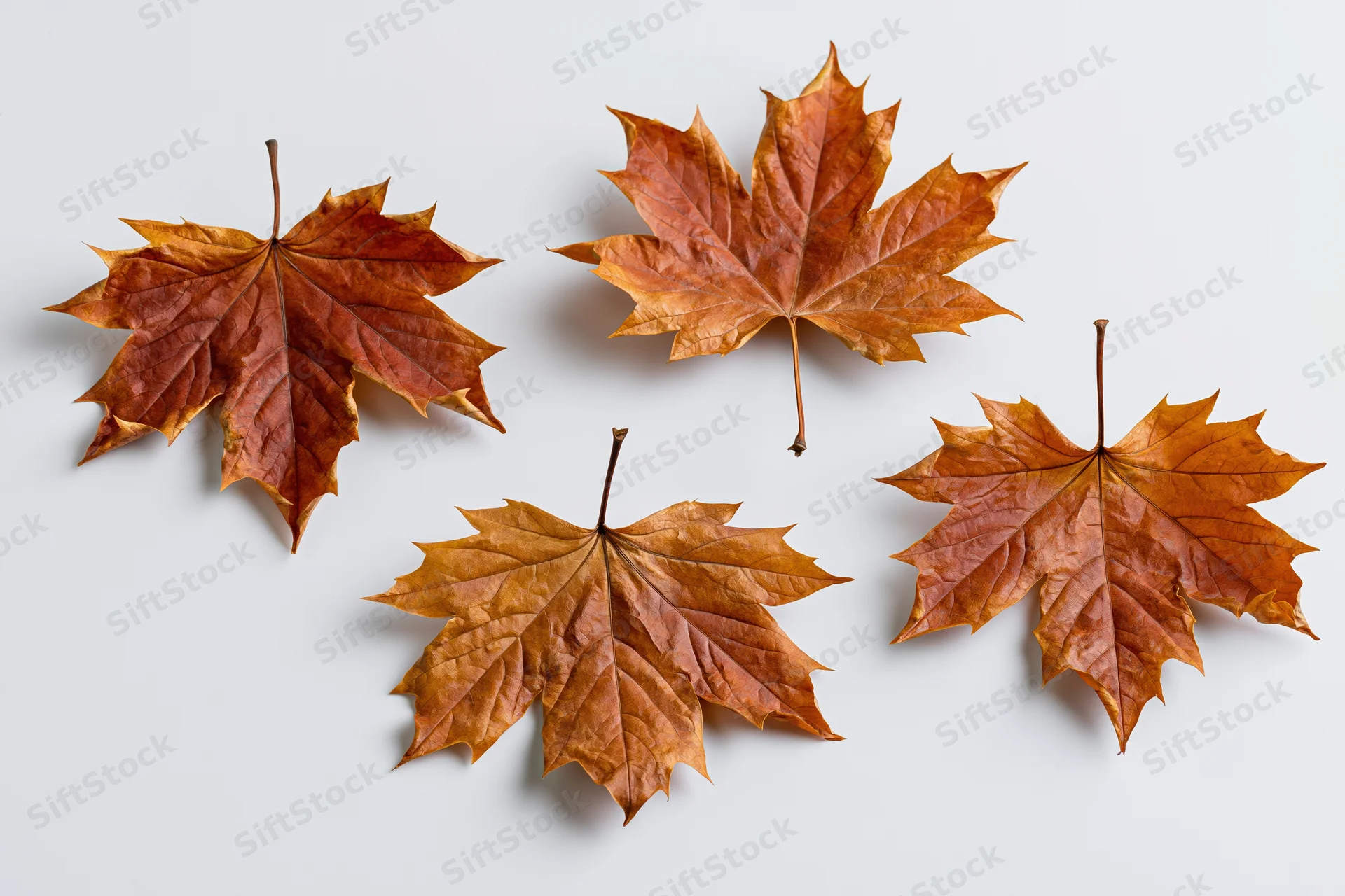 Four dried maple leaves arranged in a grid on a white surface