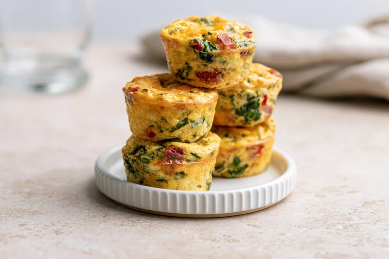 Egg muffin cups stacked on a small white ridged plate on a beige countertop