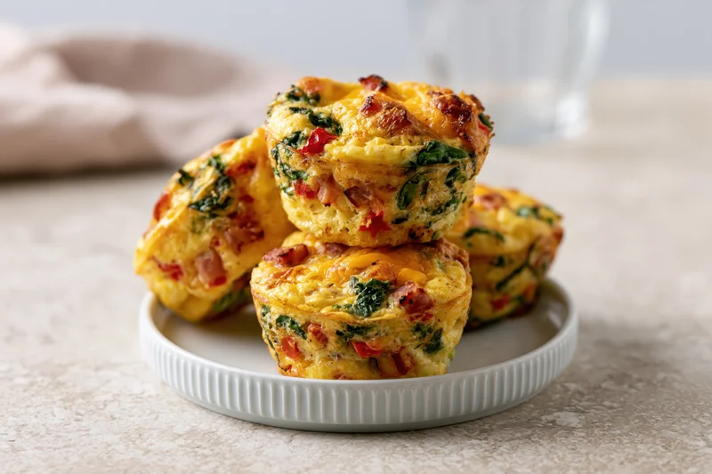 Four golden-brown egg muffin cups piled on a small white ridged plate on a beige countertop