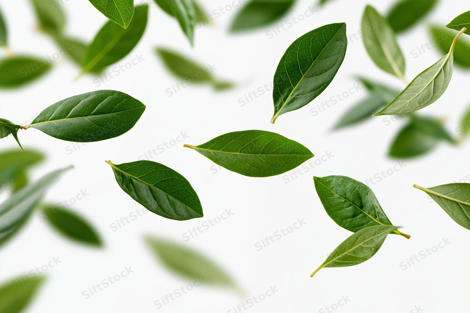 Green leaves floating and scattered against a white background