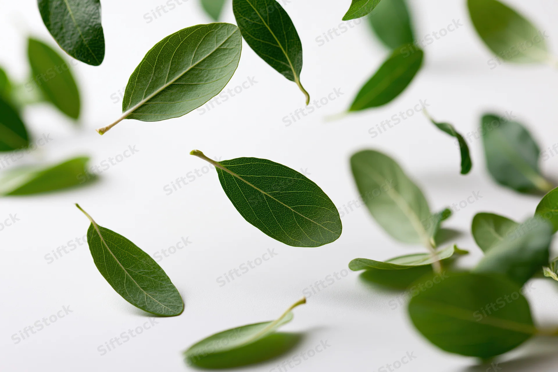 Fresh green leaves floating and scattered across a white surface