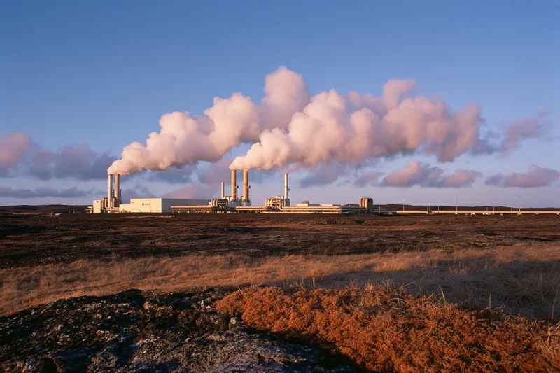 Geothermal power plant emitting steam from multiple chimneys across a flat volcanic landscape at dusk