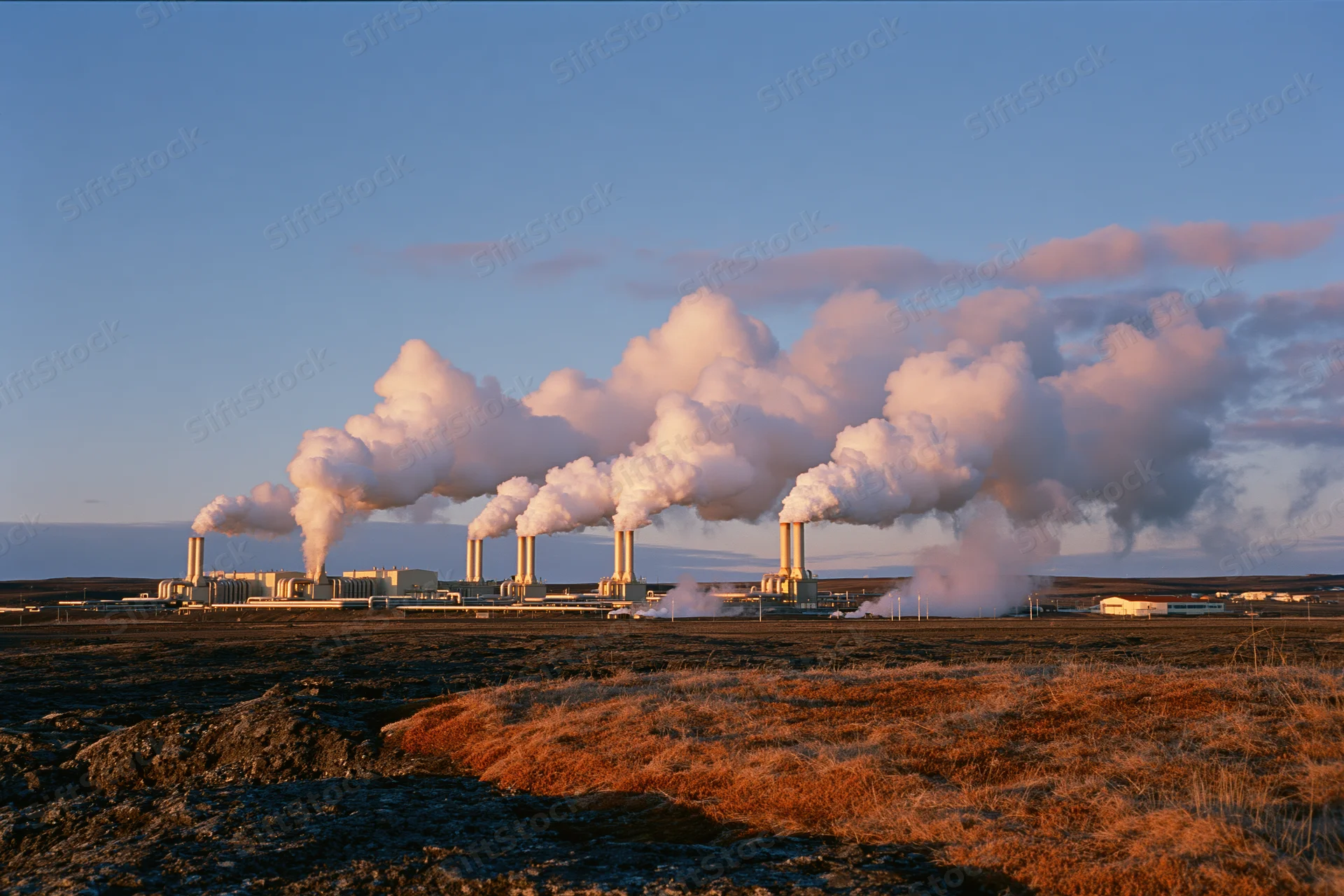 Geothermal power plant emitting steam from multiple chimneys across a flat volcanic landscape at dusk