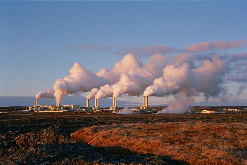 Geothermal power plant emitting steam from multiple chimneys across a flat volcanic landscape at dusk
