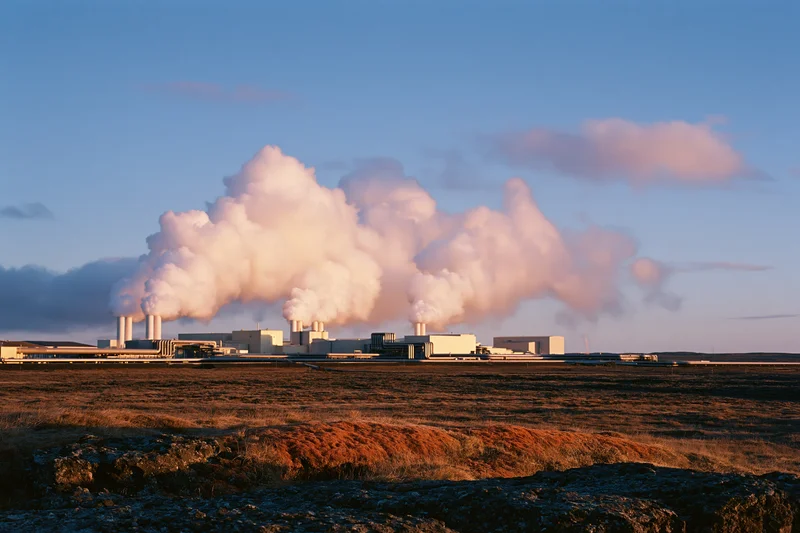 Geothermal power plant emitting steam from multiple chimneys on a flat volcanic landscape at sunset
