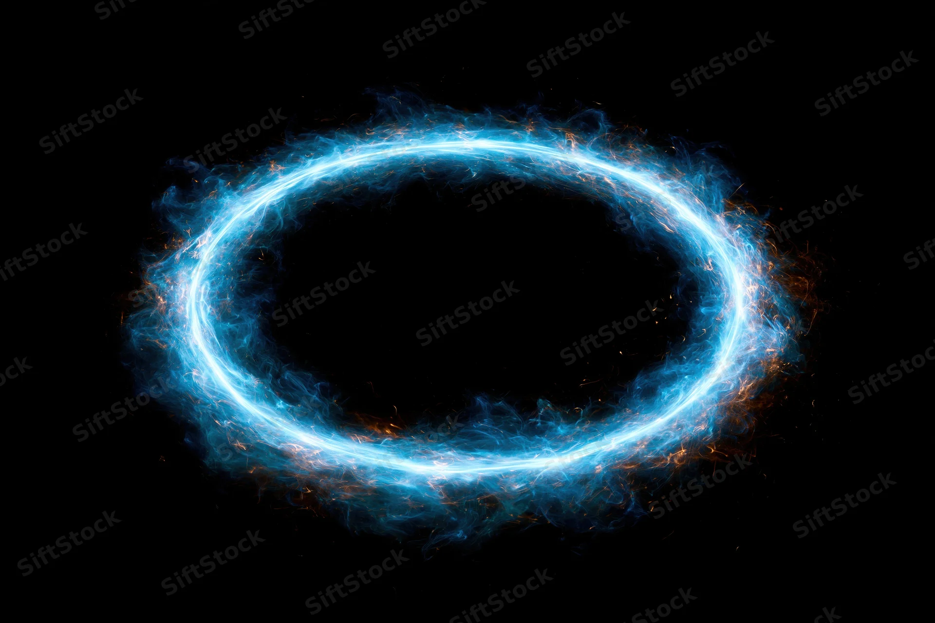 Glowing blue energy ring floating against black background with swirling light trails