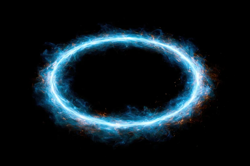 Glowing blue energy ring floating against black background with swirling light trails