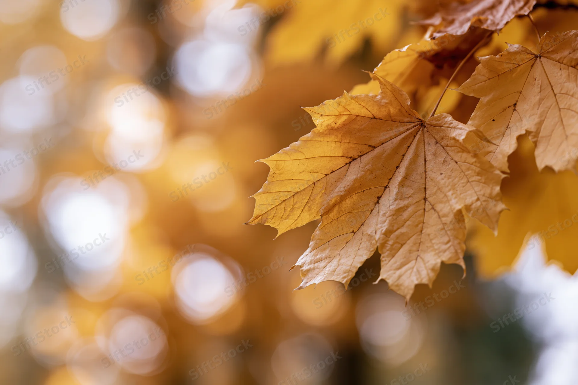 Golden maple leaf in sharp focus on right side with blurred autumn foliage background