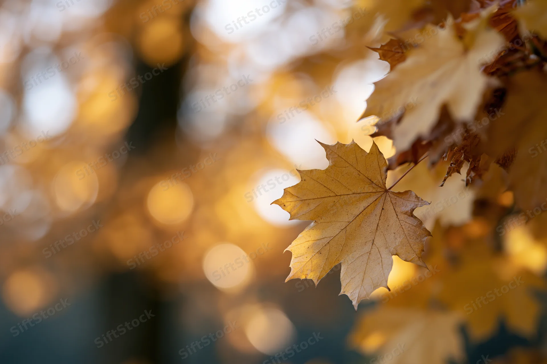 Golden maple leaf in sharp focus on right edge with blurred autumn foliage and bokeh background