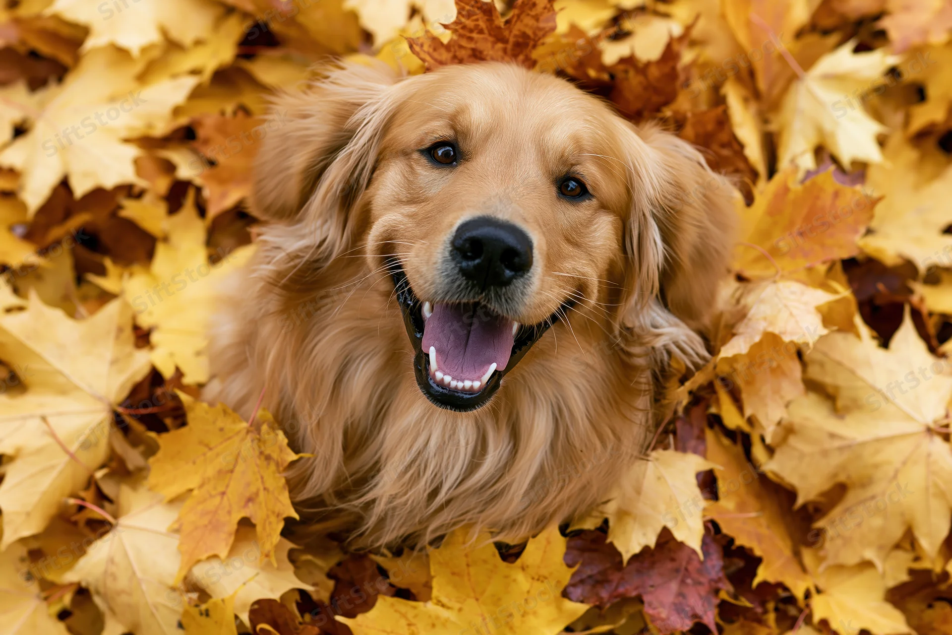 Golden retriever dog lying in a deep pile of fallen autumn leaves, smiling with mouth open, surrounded by yellow and brown foliage