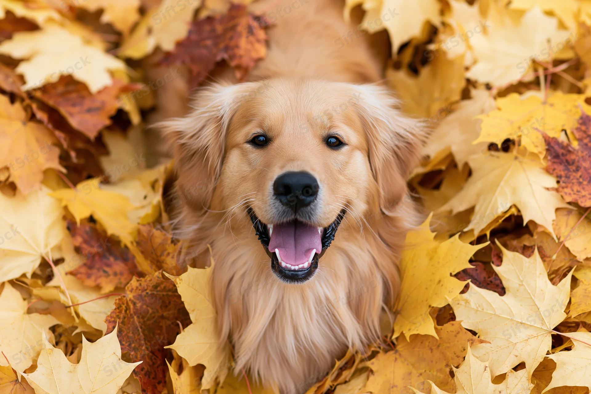 Golden retriever dog lying in a deep pile of fallen autumn leaves, smiling with tongue out, surrounded by yellow and brown maple leaves