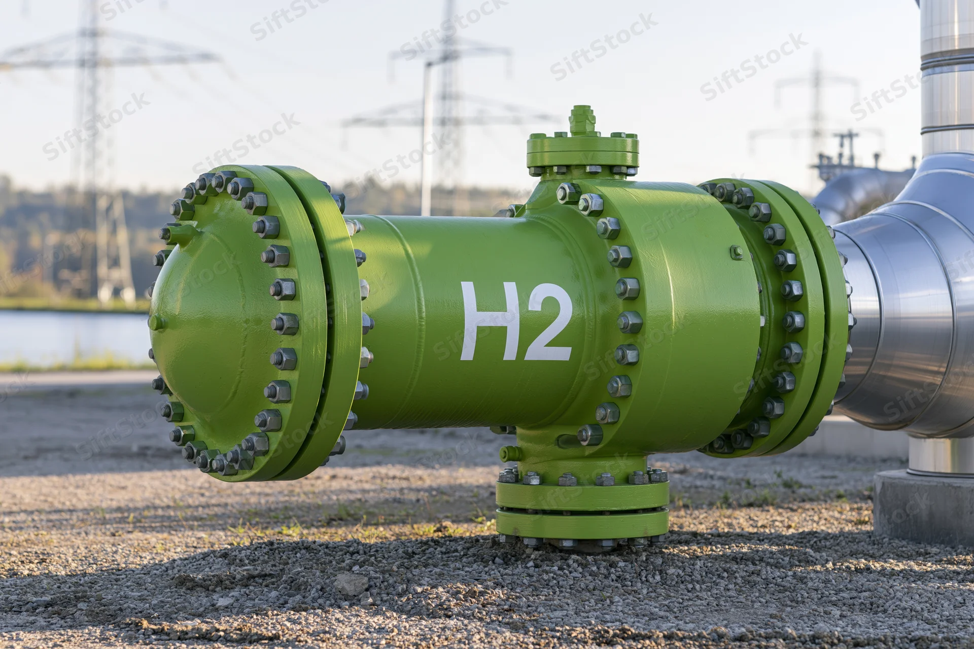 Green hydrogen pipeline valve assembly at industrial energy facility