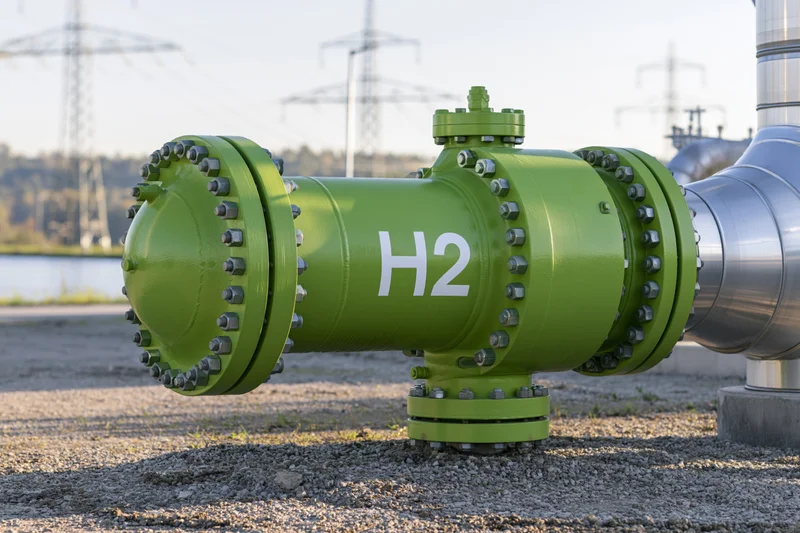 Green hydrogen pipeline valve assembly at industrial energy facility