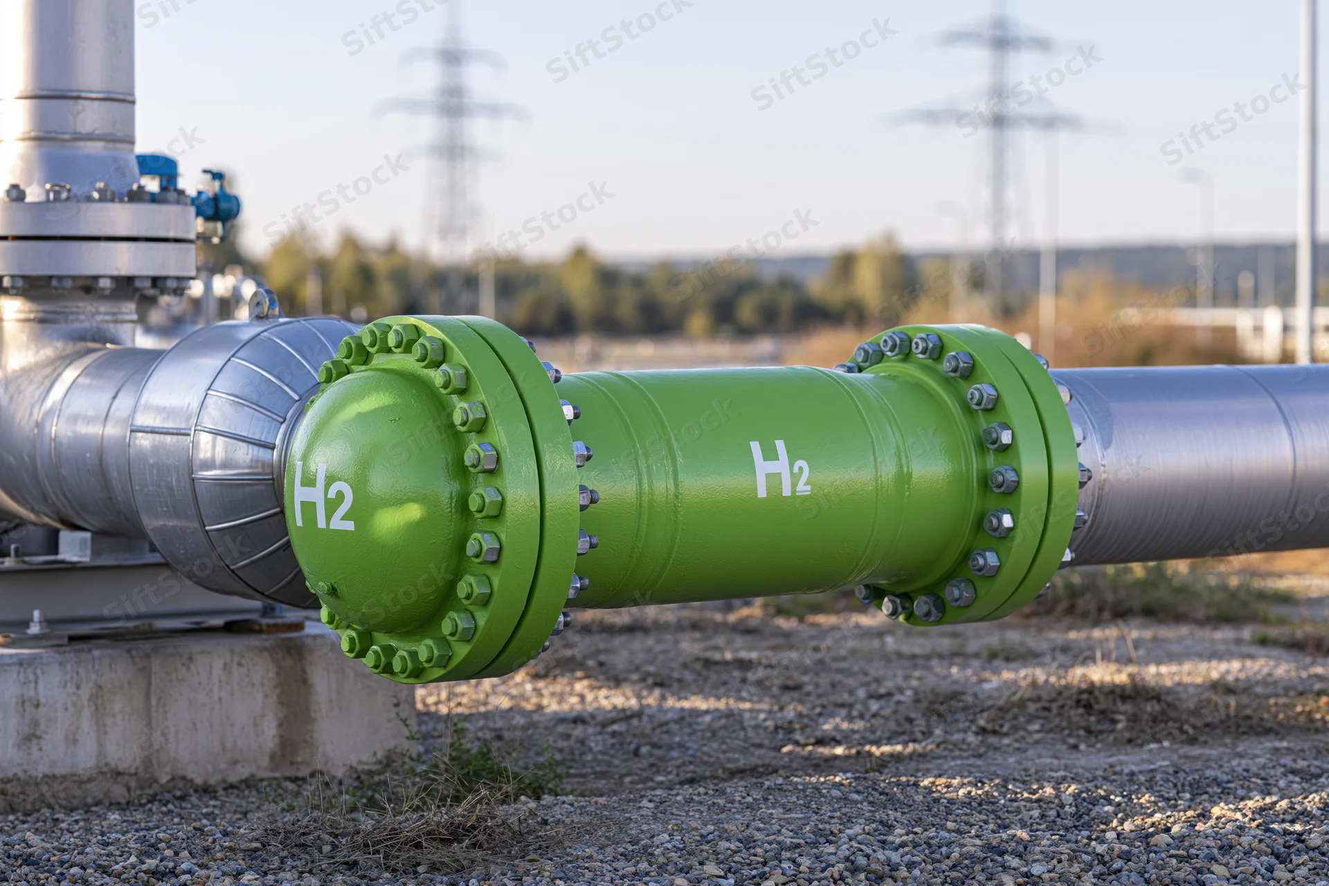 Green hydrogen pipeline valve assembly in an industrial outdoor setting