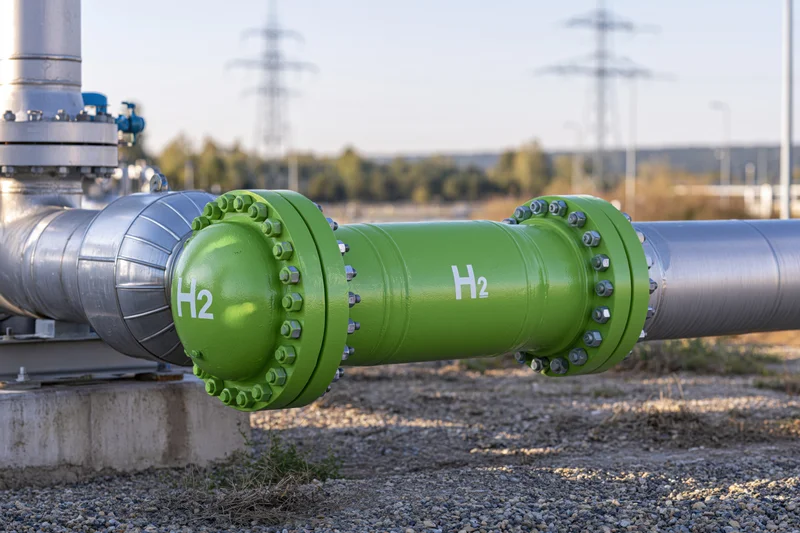 Green hydrogen pipeline valve assembly in an industrial outdoor setting