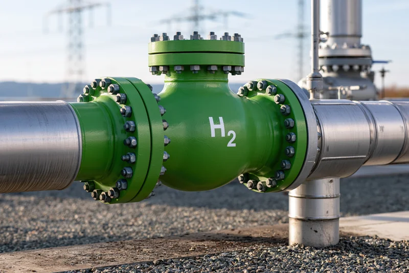 Green hydrogen pipeline valve assembly connected to metal pipes in an industrial energy facility