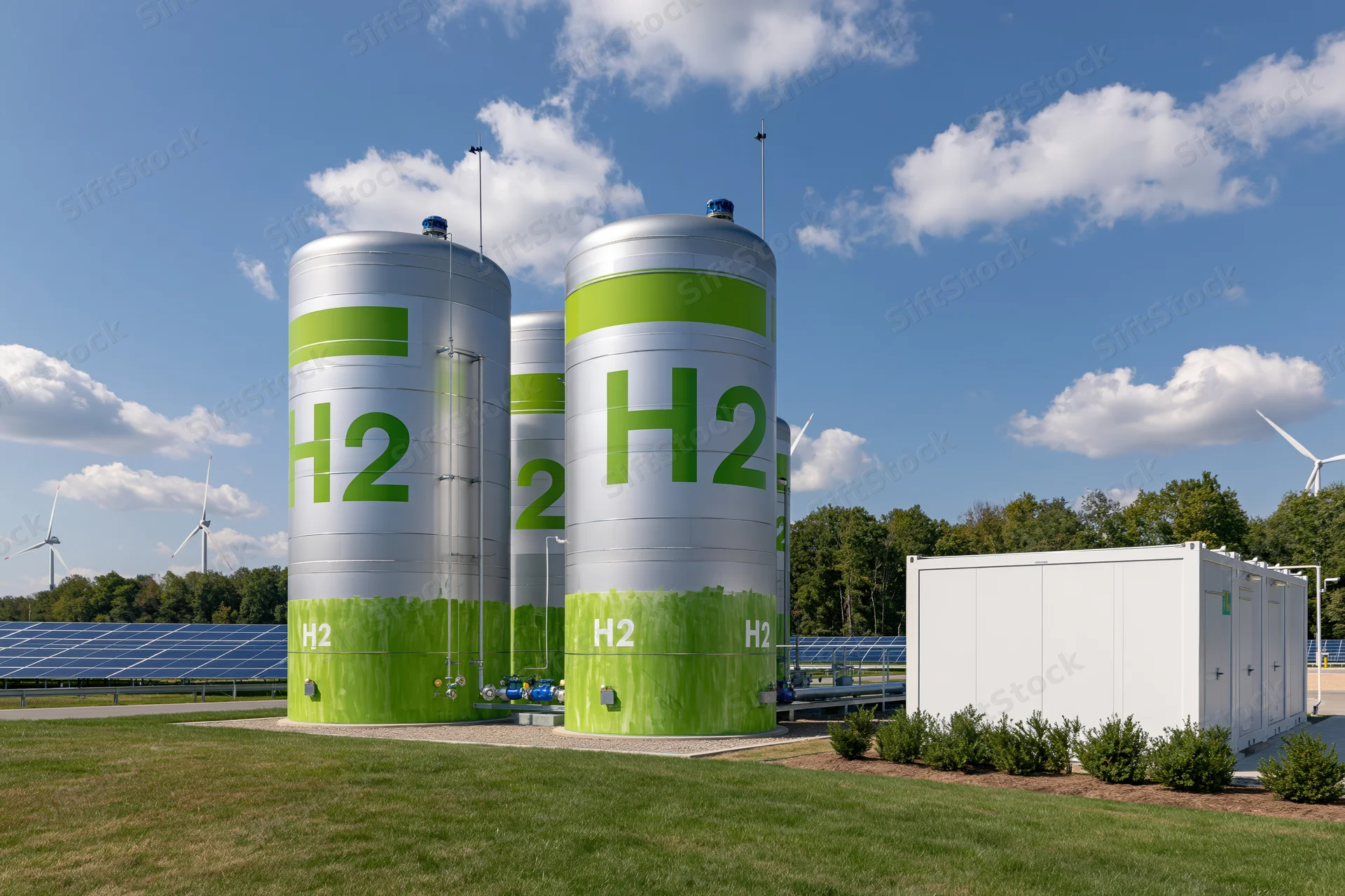 Green hydrogen storage tanks in an outdoor renewable energy facility with wind turbines and solar panels in the background